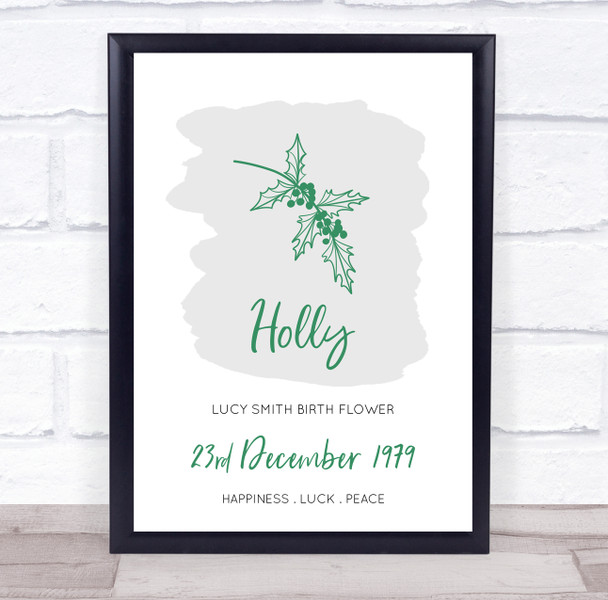 Holly Green December Flower Birthday Meaning Line Art Personalised Gift Print