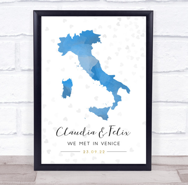 Italy Special Date Event Watercolour Blue Grey Heart Personalised Gift Print