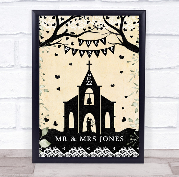 Just Married Name & Date Church Vintage Foliage Personalised Gift Print