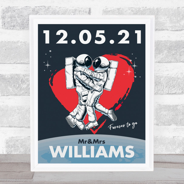 Kissing Astronauts Wedding Anniversary Date Heart Personalised Gift Print