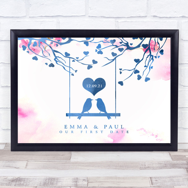 Love Birds Special Date Watercolour Pink Blossom Personalised Gift Print