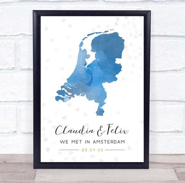 Netherlands Any Date Watercolour Blue Grey Hearts Personalised Gift Print