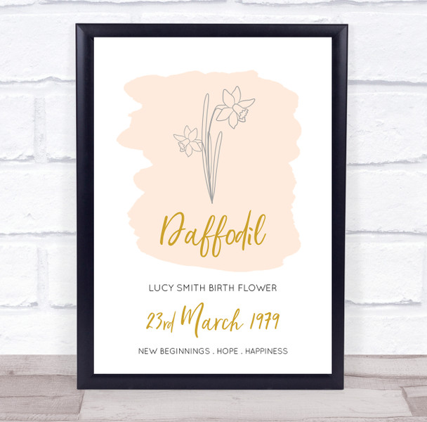 Yellow Wash Daffodil March Flower Birthday Month Meaning Personalised Gift Print