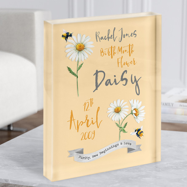 Daisy Bee April Birth Month Flower Yellow Watercolour Gift Acrylic Block
