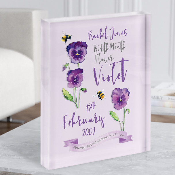 Watercolour Violet February Birthday Month Flower Bee Gift Acrylic Block