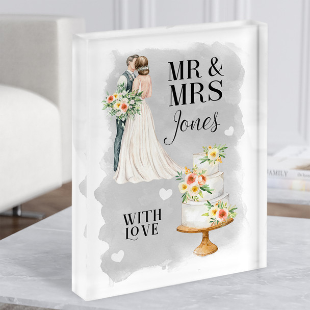 Wedding Day Painted Couple Cake Married Grey Wash Gift Acrylic Block