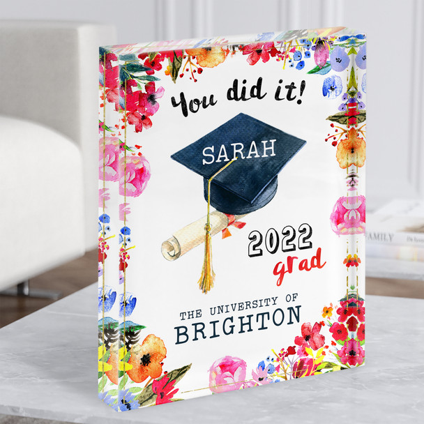 Graduation Celebration Bright Floral Pink Summer Personalised Gift Acrylic Block
