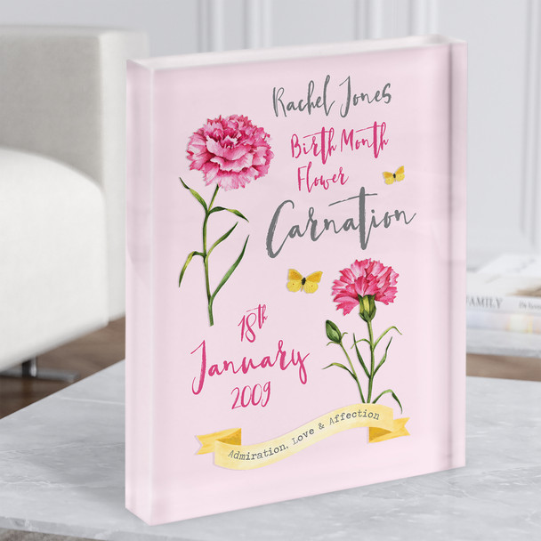 Pink Carnation January Birthday Flower Yellow Butterflies Gift Acrylic Block