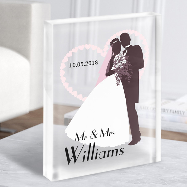 Bride & Groom Anniversary Pink Heart Wedding Date Gift Acrylic Block