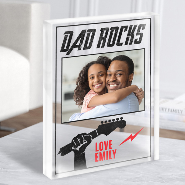 Dad Rocks Daddy Guitar Photo White Red Personalised Gift Acrylic Block