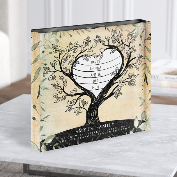 Family Tree Any Names Heart Vintage Foliage Square Gift Acrylic Block