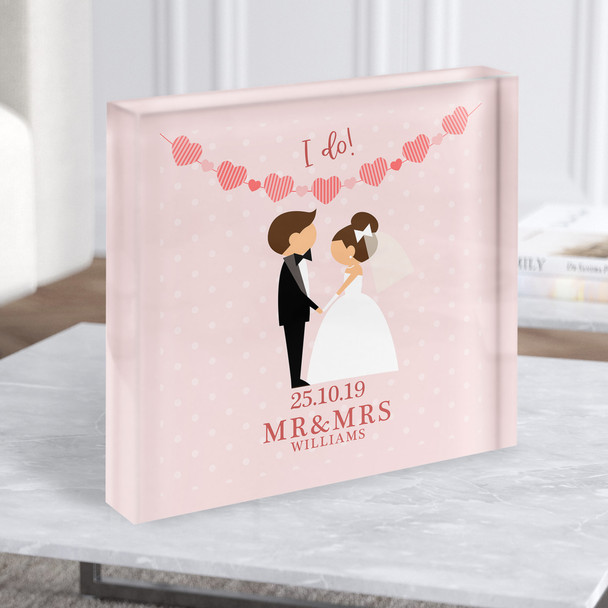 Square Brown Hair Bride & Brown Hair Groom I Do Personalised Gift Acrylic Block