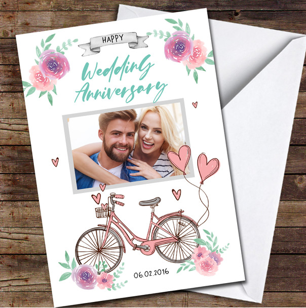 Happy Wedding Anniversary Bike Flowers Pink Teal Photo Date Personalised Card