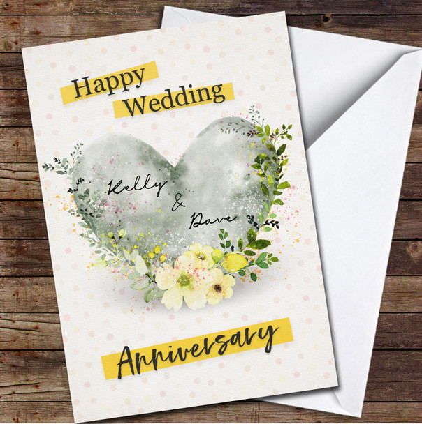 Watercolour Floral Heart Yellow Wedding Anniversary Personalised Card