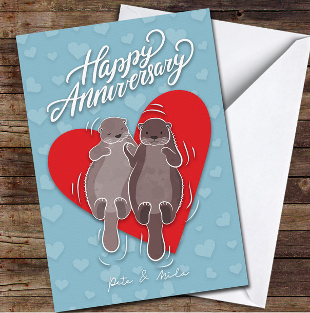Red Heart Couple Otter Happy Anniversary Names Personalised Card