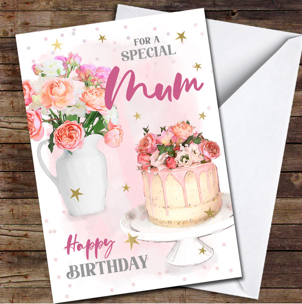Special Mum Birthday Pretty Cake Flowers Gift Painted Delicate Personalised Card