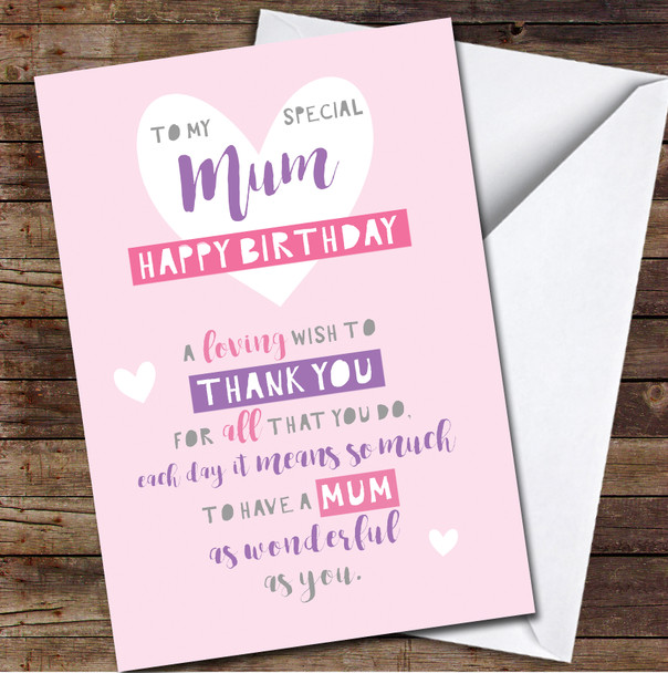 Special Mum Loving Wish Birthday Poem Text Pink Purple Heart Personalised Card