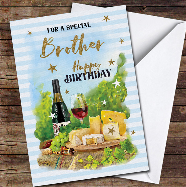 Gold Special Brother Birthday Cheese Wine Vineyard Stripes Personalised Card