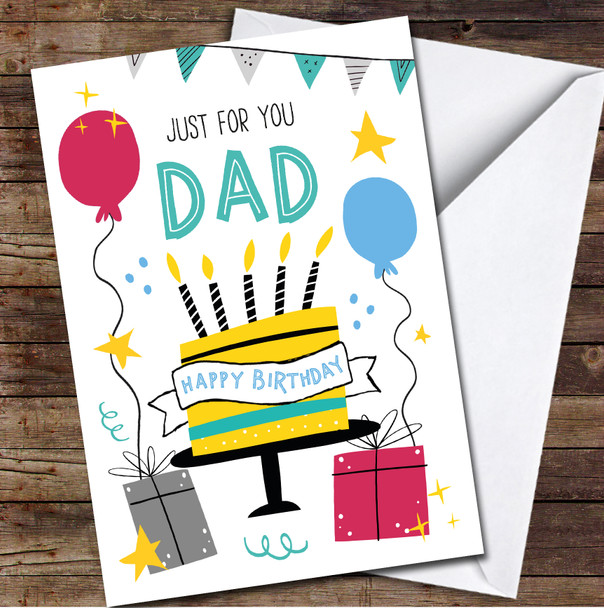 Dad Birthday Cake Male Bright Fun Celebration Party Icons Personalised Card