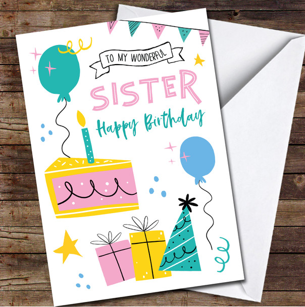 Wonderful Sister Birthday Cake Bright Fun Party Icons Personalised Card