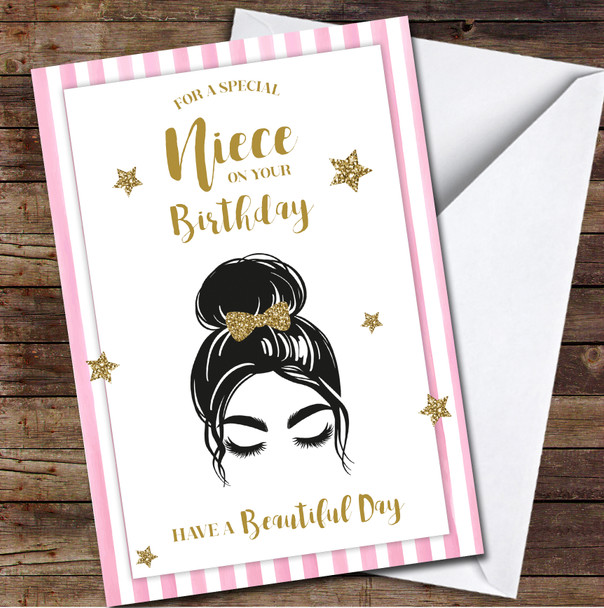 Niece Birthday Beauty Glamour Hair Silhouette Pink Stripes Personalised Card