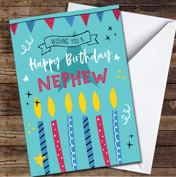 Nephew Birthday Candles Blue Bright Fun Party Turquoise Personalised Card