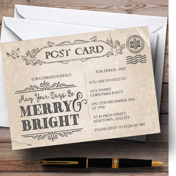 Rustic Vintage Postcard Customised Christmas Party Invitations