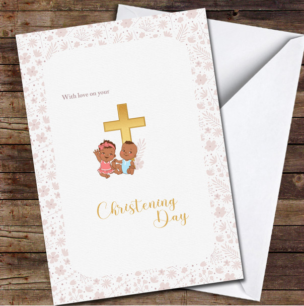 Flowers Golden Cross & Dark Skin Baby Twins Christening Day Personalised Card