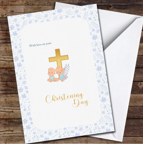 Blue Flowers Golden Cross & Baby Boy Twins Christening Day Personalised Card