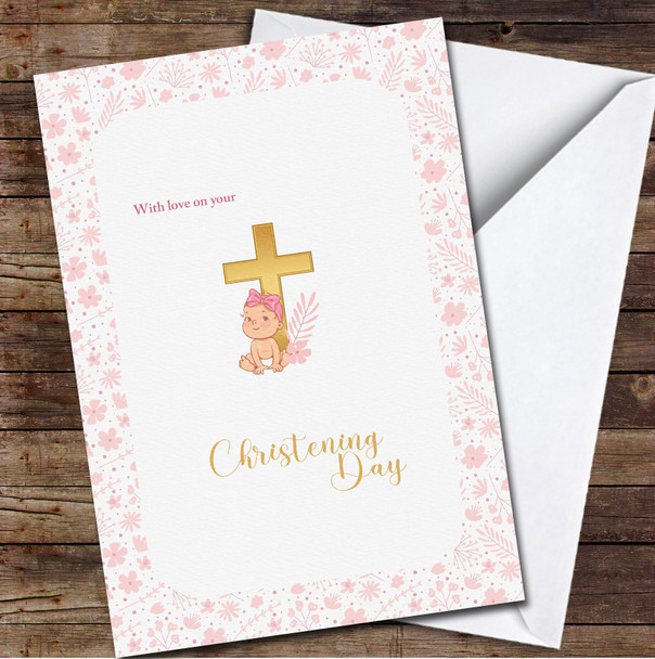 Pink Flowers Christening Golden Cross And Baby Girl Personalised Card