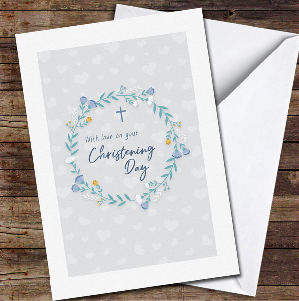 Blue Wreath Christening Day With Love Cross Personalised Card