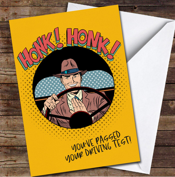 Retro Comic Honk New Driver Man Driving Test You've Passed Personalised Card