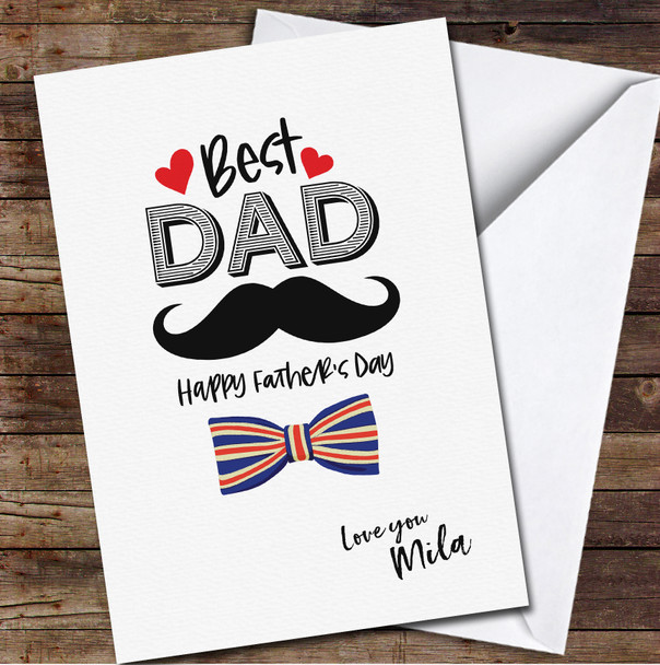 Mustache & Icon Father's Day Best Dad Britain Flag Bow Tie Personalised Card