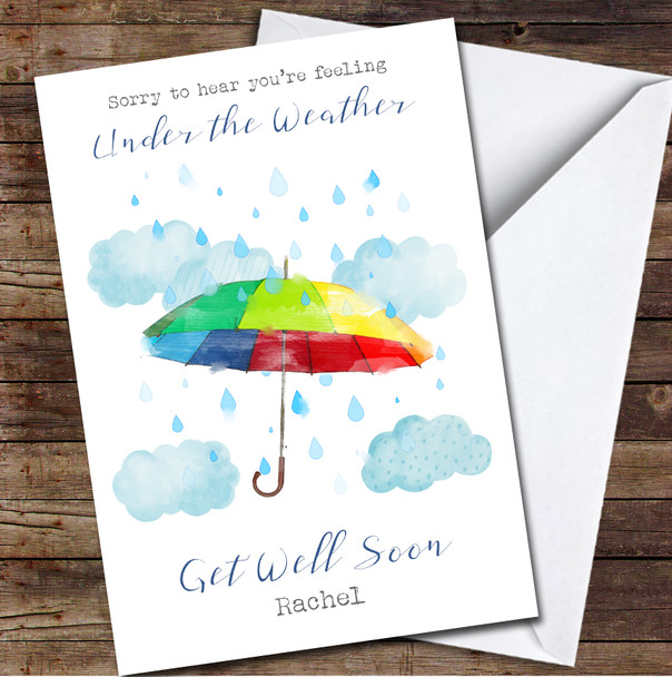 Get Well Soon Under The Weather Painted Rainbow Umbrella Personalised Card