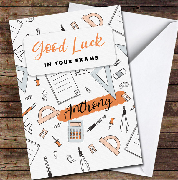 School Accessories Doodles Good Luck Exams Name School Personalised Card