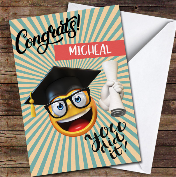 Emoji Glasses Graduation Hat Stripes Name Congratulations Personalised Card