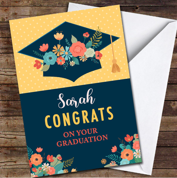 Graduation Hat Bright Flowers Uni Navy Yellow Congrats Personalised Card