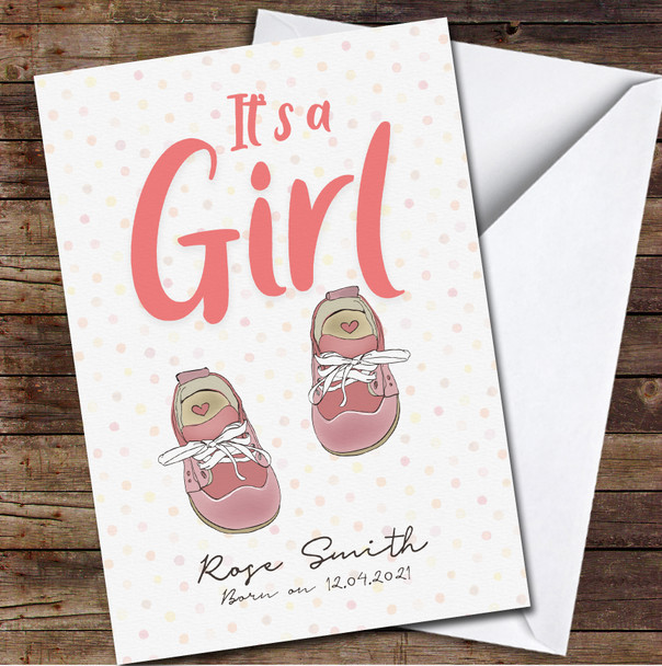 Pink Baby Shoes White Peach It's A Girl Name New Baby Pregnant Personalised Card