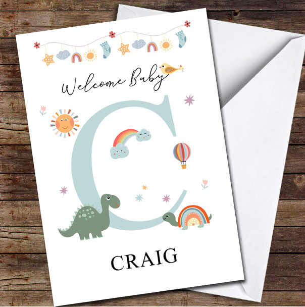 Welcome New Baby Newborn Floral Fun Name & Letter Initial C Personalised Card