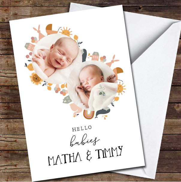 New Baby Babies Fun Icons Wreath Newborn Twins Photo Name Personalised Card