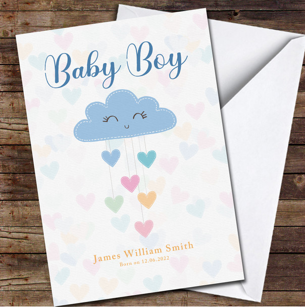 Blue Cute Cloud Hearts Baby Boy Name New Born Birth Date Personalised Card