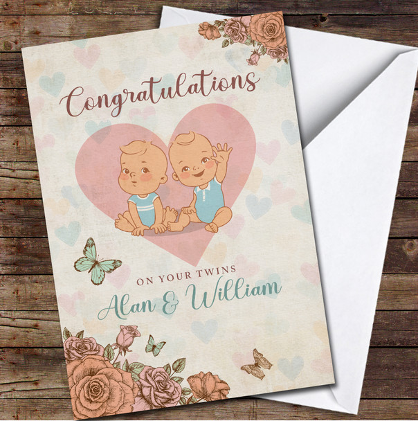 Retro Style Cute Baby Boy Twins New Baby Congratulations Personalised Card