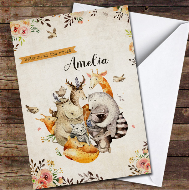 Watercolour Boho Animals Welcome To The World New Baby Personalised Card
