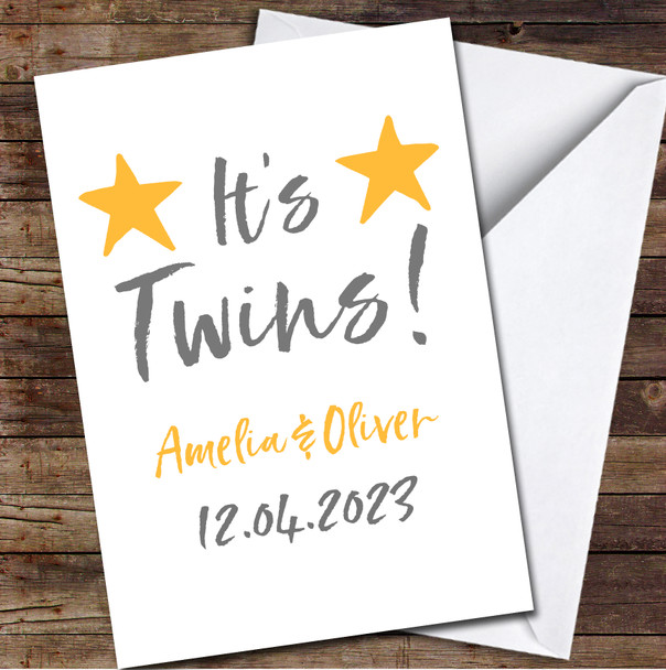 It's Twins New Babies Baby Gold Star Names Date Personalised Card