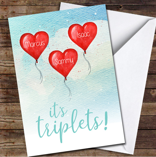 Heart Clouds New Babies Newborn Triplets Name Personalised Card