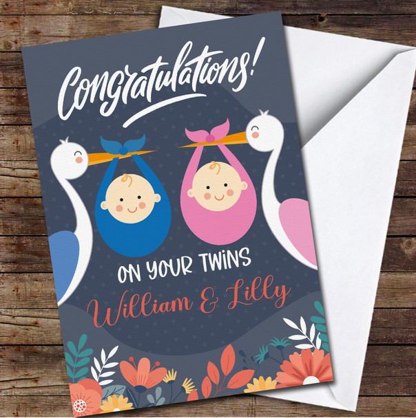 Storks With Baby Boy And Girl Twin Personalised Card