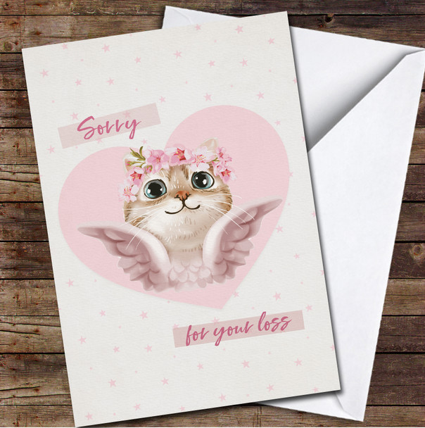 Pink Heart With Angel Cat Stars Sympathy Sorry For Your Loss Personalised Card