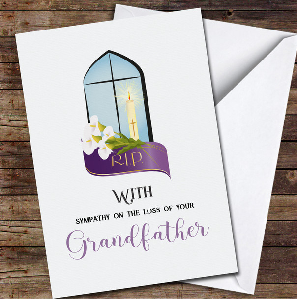 Church Window Flowers Candle Purple Ribbon Sympathy Loss Personalised Card