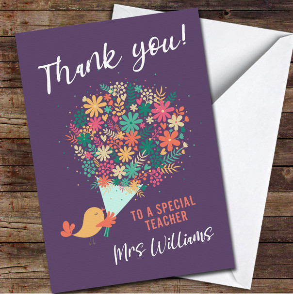 Bird Bright Flowers Special Teacher Thank You School Leavers Personalised Card