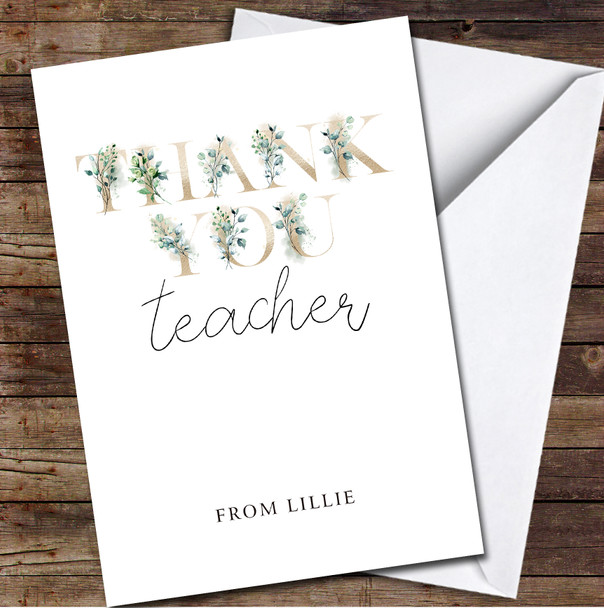 Pretty Floral Gold Sparkle Thank You Teacher School Leavers Personalised Card